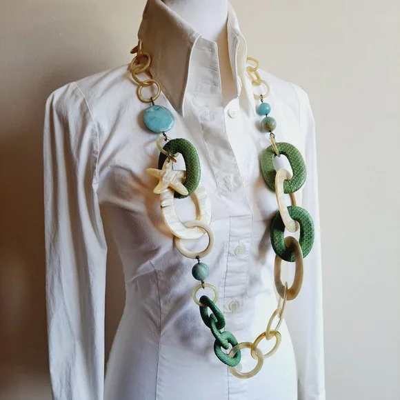 AMLE Italian Long Horn Green Chain Necklace with Python skin - Picture 1 of 16